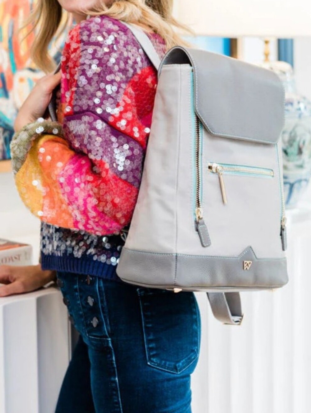 Kelly Wynne Bon Voyage Grey Backpack with Mint Zippers